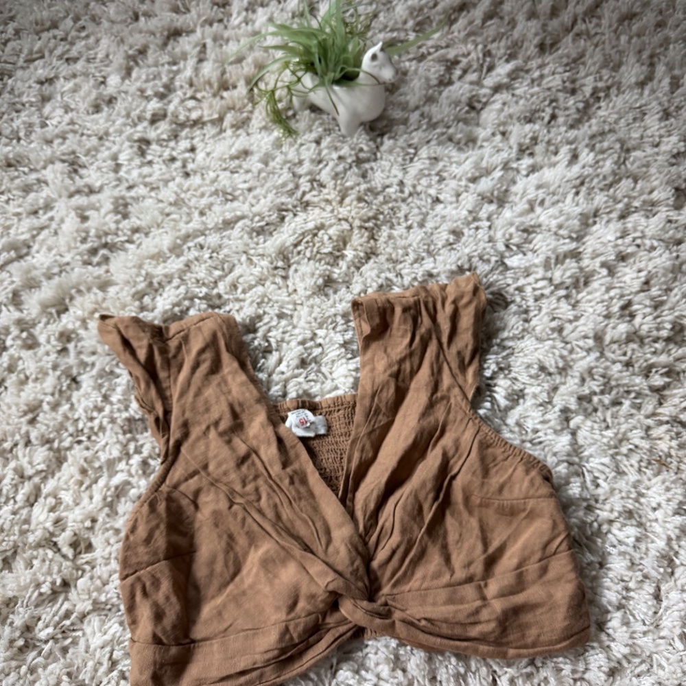 Chic japra indie boho cute spring outfit women’s Tan Knotted Crop Top your style - Picture 2 of 5